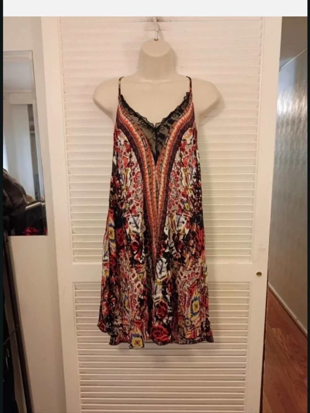 Free People Red Multi Floral Paisley Slip Dress with Black Lace Song Bird